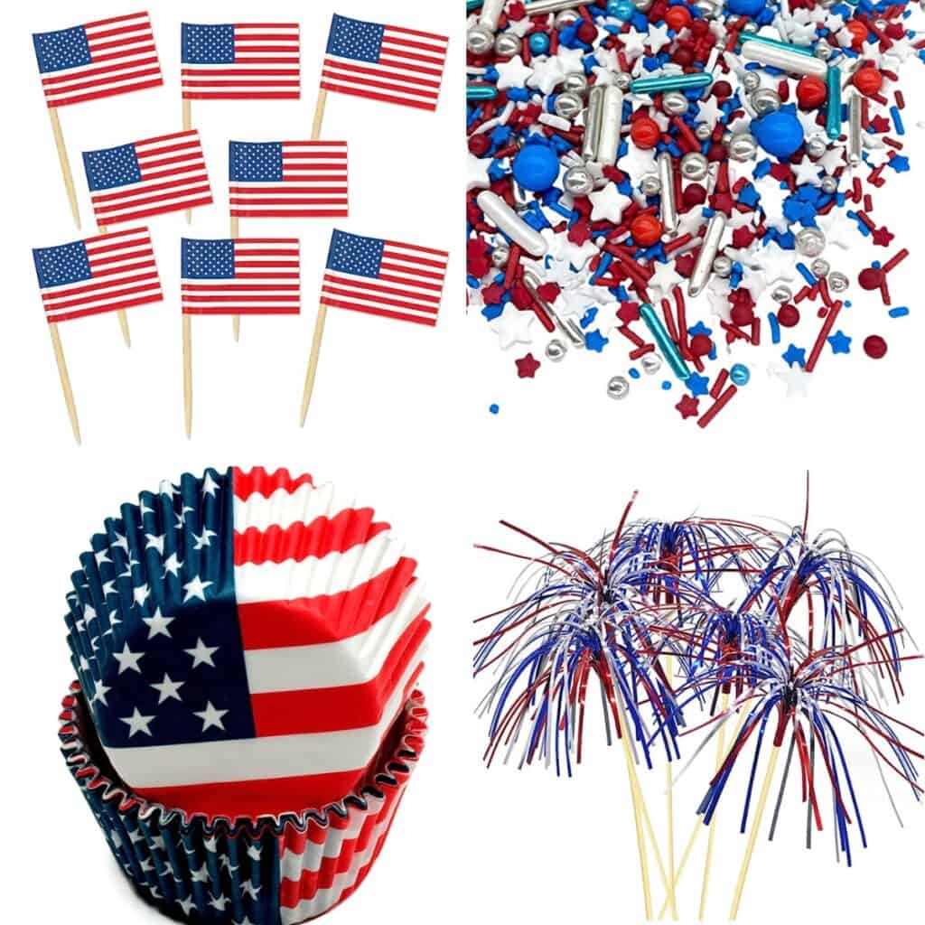 a variety of patriotic cupcake decorations