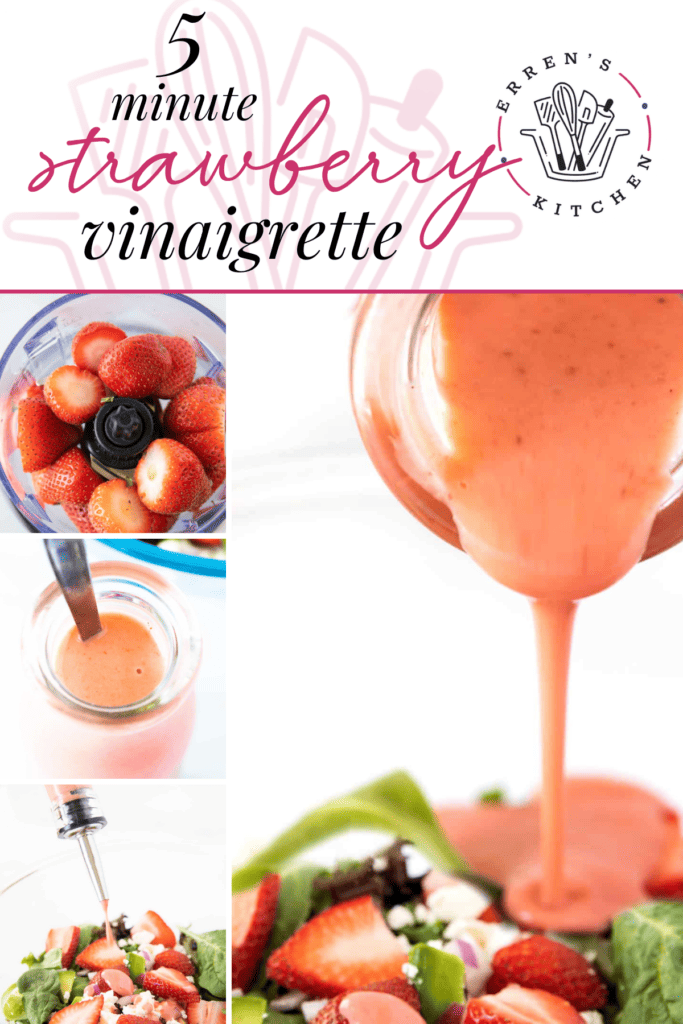 Pink and creamy strawberry vinaigrette being poured on a strawberry salad.