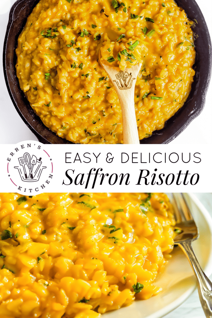 A delicious looking bowl filled with orange colored saffron risotto and sprinkled with parsley on top.