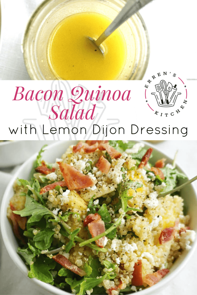 A delicious salad with bacon and quinoa and a jar of lemon dijon dressing.