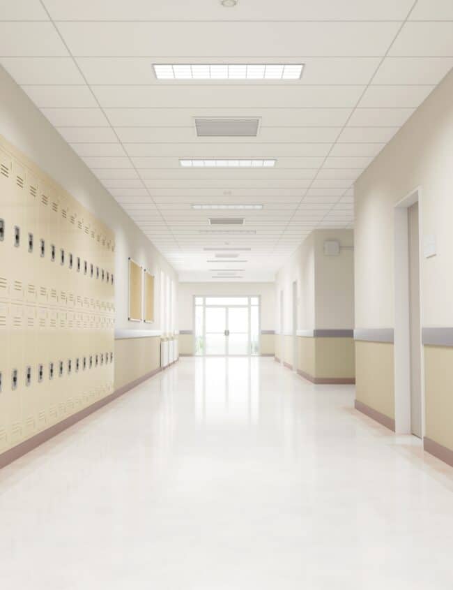 an empty school hallway.