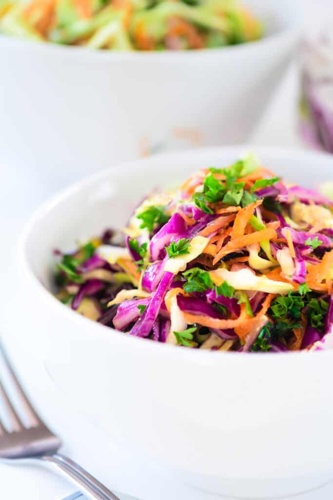 a bowl of vinegar coleslaw with another bowl and fork in the background.