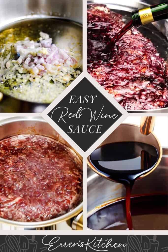 a promotional image showing 4 photos of different red wine sauce cooking stages.