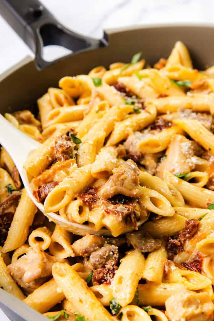 A skillet brimming with Sun-Dried Tomato Pasta showcases penne, tender chicken chunks, and sun-kissed tomatoes. A spoon lifts a portion of the creamy delight, the sauce-cloaked pasta garnished with fresh herbs and a sprinkle of grated cheese.