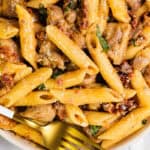 A close-up of a Sun-Dried Tomato Pasta dish featuring creamy penne, tender chunks of chicken, and aromatic basil. The vibrant sun-dried tomatoes add a burst of flavor, while a fork rests casually on the edge of the white bowl.