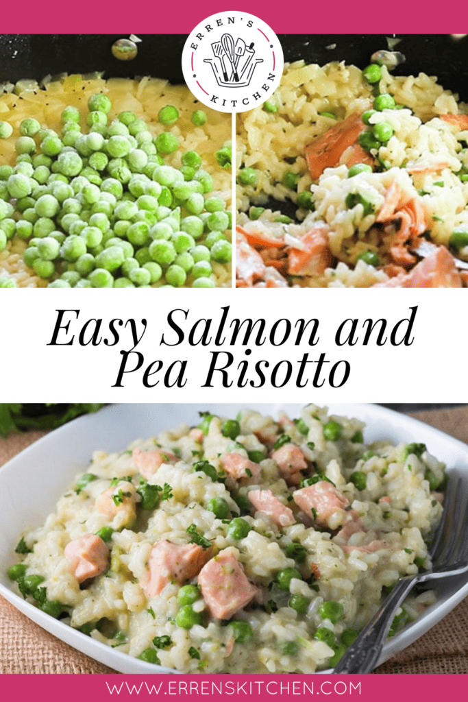 A bowl full of salmon and pea risotto and two photos while cooking.