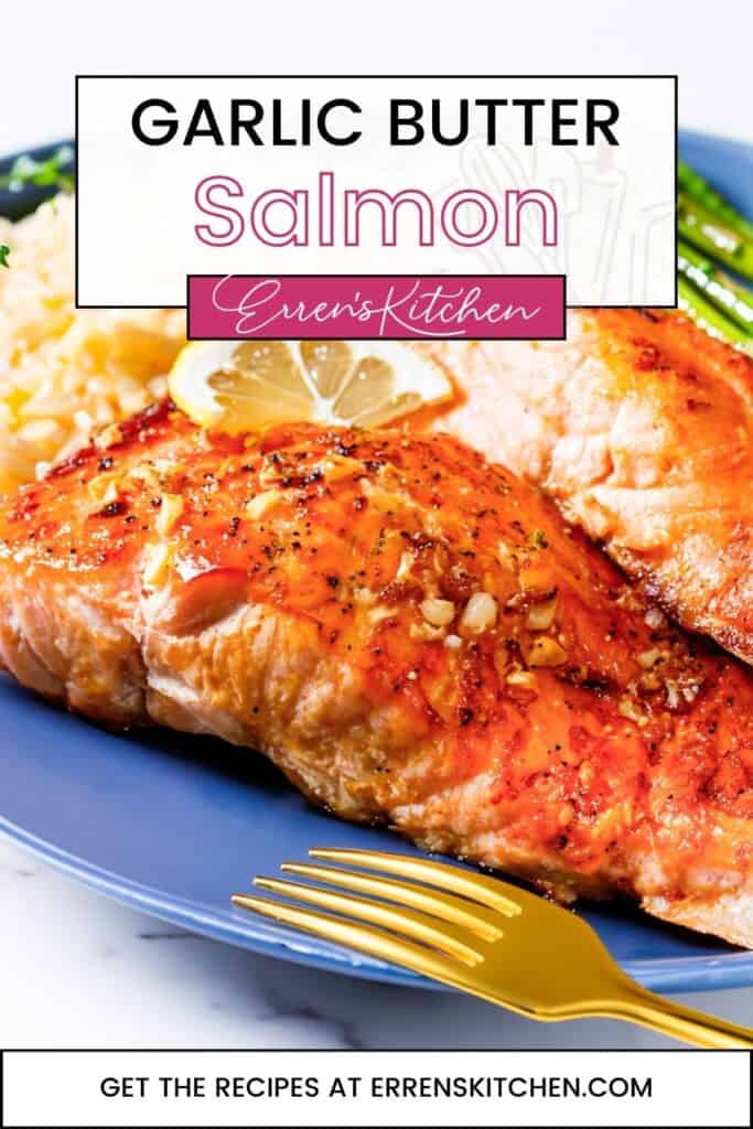 a pinterest pin showing salmon in butter and garlic with parsley