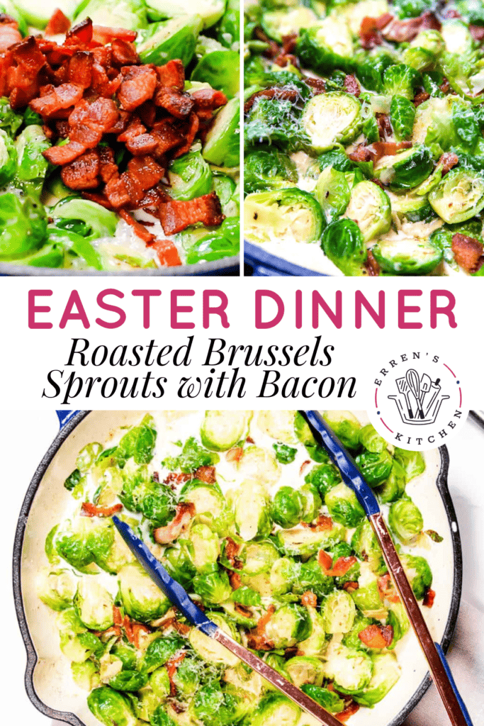 Brrussels sprouts being prepared and cooked with bacon, garlic, and a parmesan cream sauce.