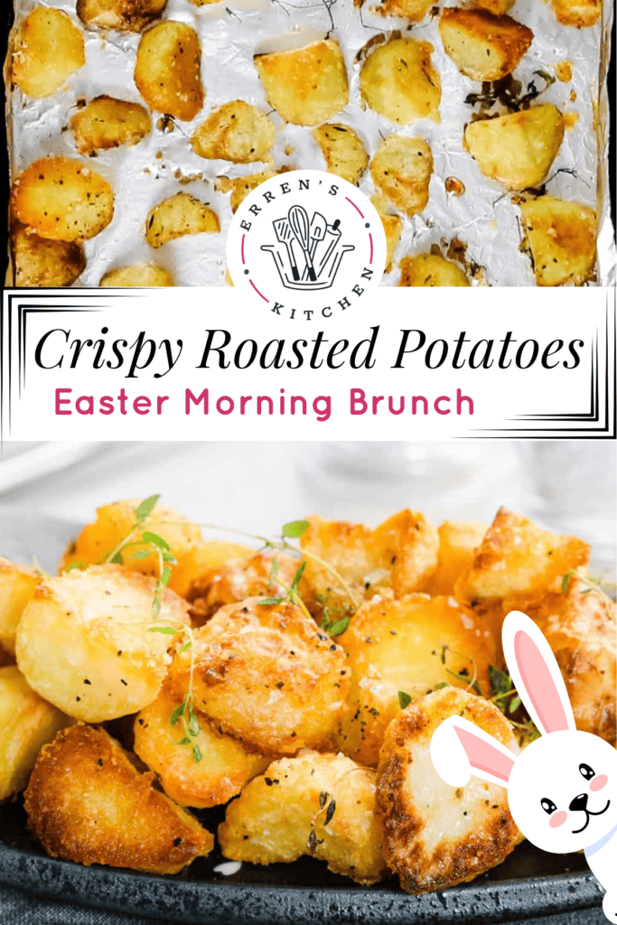 Crispy roasted potatoes cut and roasting on a pan and crispy roasted potatoes plated and ready to be served.