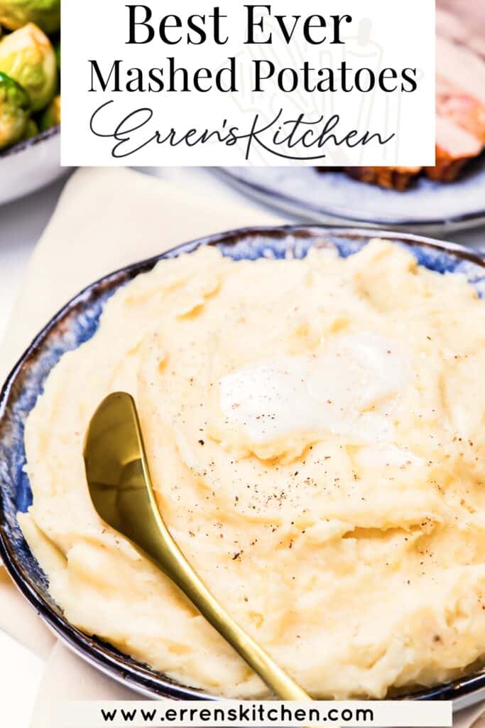 A bowl of creamy mashed potatoes with a pat of melting butter on top, sprinkled with black pepper, with the text 'Best Ever Mashed Potatoes Erren's Kitchen' above and the website 'www.errenskitchen.com' at the bottom.