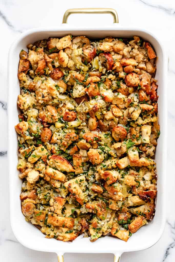 the freshly baked Sausage Stuffing in a pan.