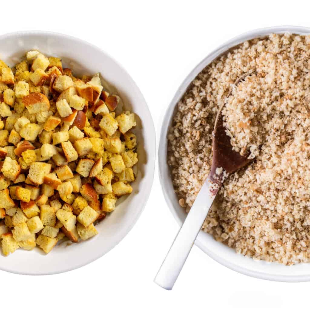 a bowl of stuffing cubes and a bowl of stuffing breadcrumbs.