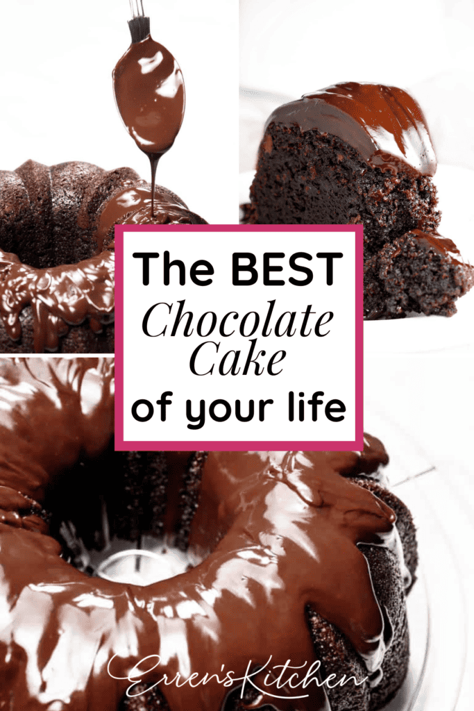 A promotional image showing a chocolate bundt shaped mayonnaise cake with chocolate glaze, chocolate glaze being poured onto the cake, and a slice of the completed chocolate cake.