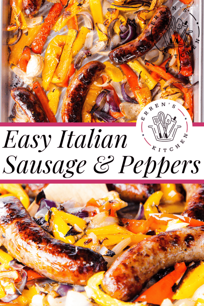 Cooked susages, colorful peppers, and onions spread out on a tray.