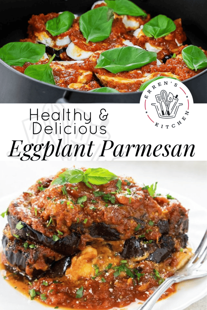 A promotional image showing a completed dish of eggplant parmesan layered with baked eggplant, tomato sauce, cheese, and basil, and a pot of the eggplant parmesan before it was baked with tomato sauce, cheese, and basil leaves placed on top of each eggplant stack.