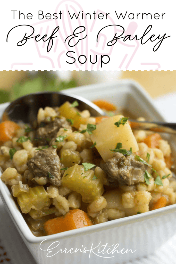 A bowl of beef and barley soup. You can see beef, carrots, potatoes, celery, and parsley sprinkled on top.