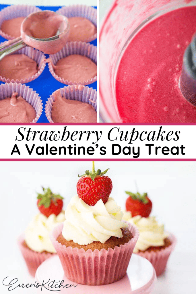 One photo shows the cupcake tin with liners being filled with the strawberry batter. The other picture is a photo of the batter being made in the food processor. The bottom photo sis the finished product of the fresh strawberry cupcakes with whipped cream frosting and topped with a strawberry.