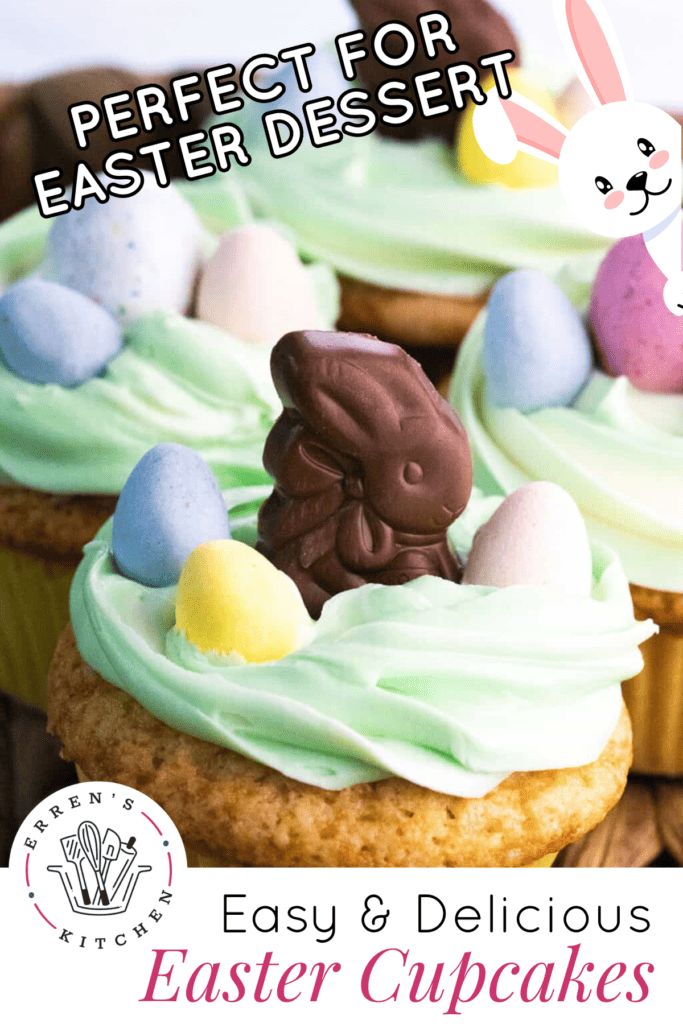 Delicious vanilla cupcakes iced with green buttercream and topped with chocolate bunnies and eggs.