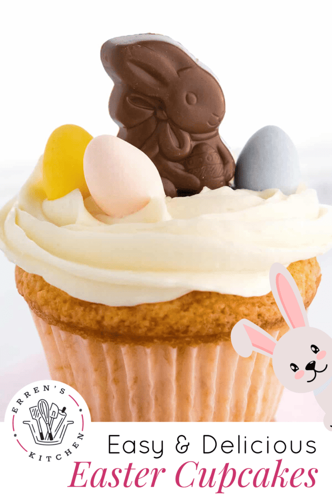 Delicious vanilla cupcakes iced with buttercream and topped with chocolate bunnies and eggs.