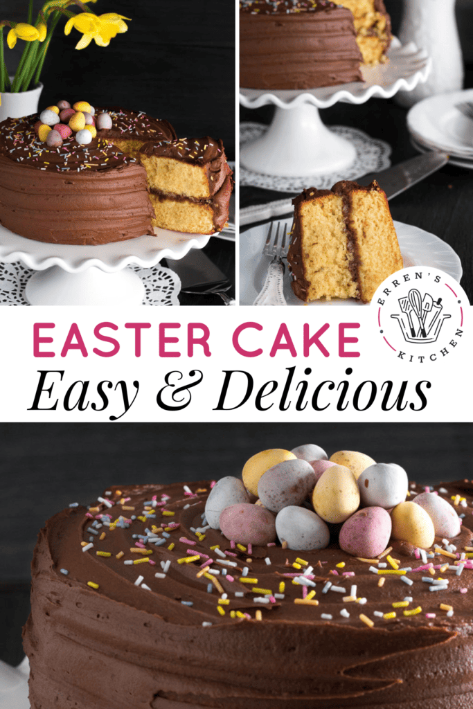 A yellow cake with chocolate frosting topped with sprinkles and colored eggs being cut and a slice taken away, a slice on a plate, and a completed Easter cake.