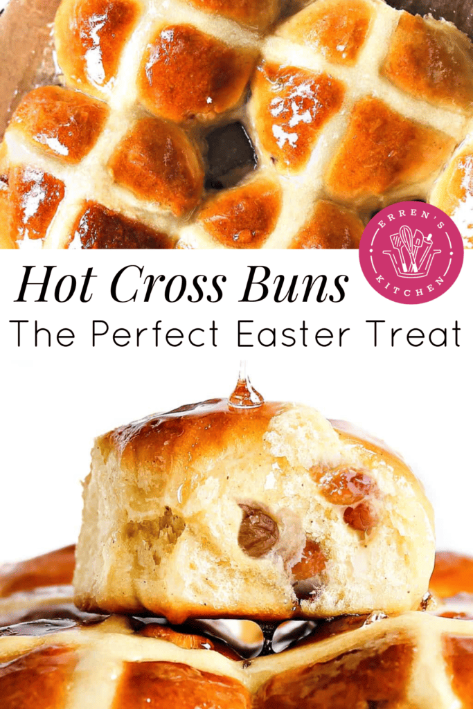 Hot cross buns: fluffy round rolls with raisins and spices marked with a cross and topped with a clear glossy glaze.