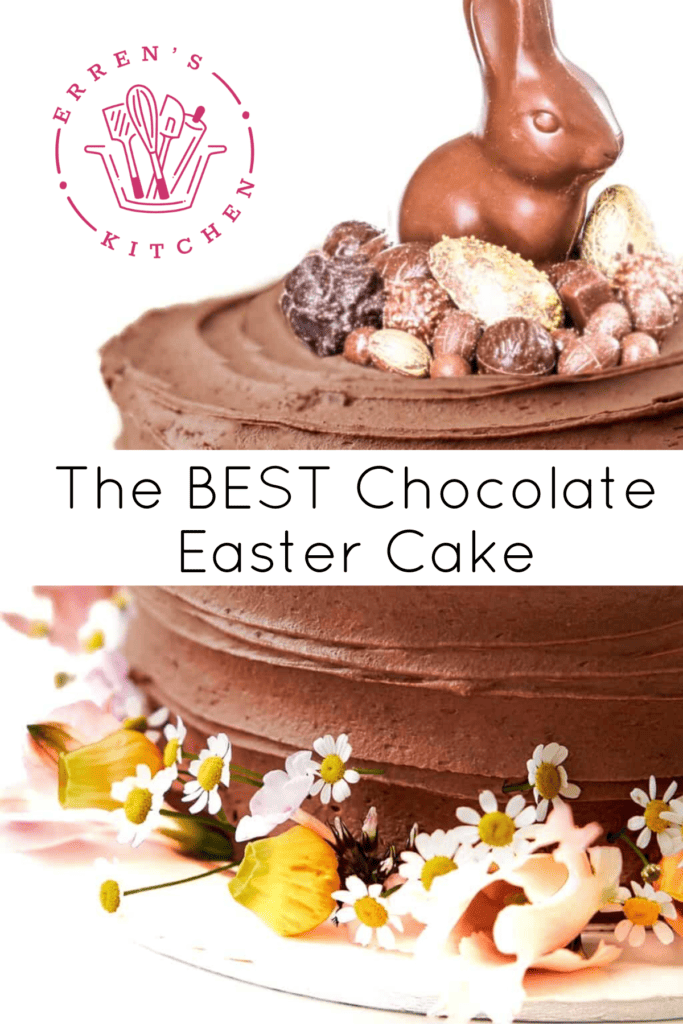 A chocolate frosted round cake topped topped with chocolate and golden eggs, chocolate bunny, and pretty flowers.