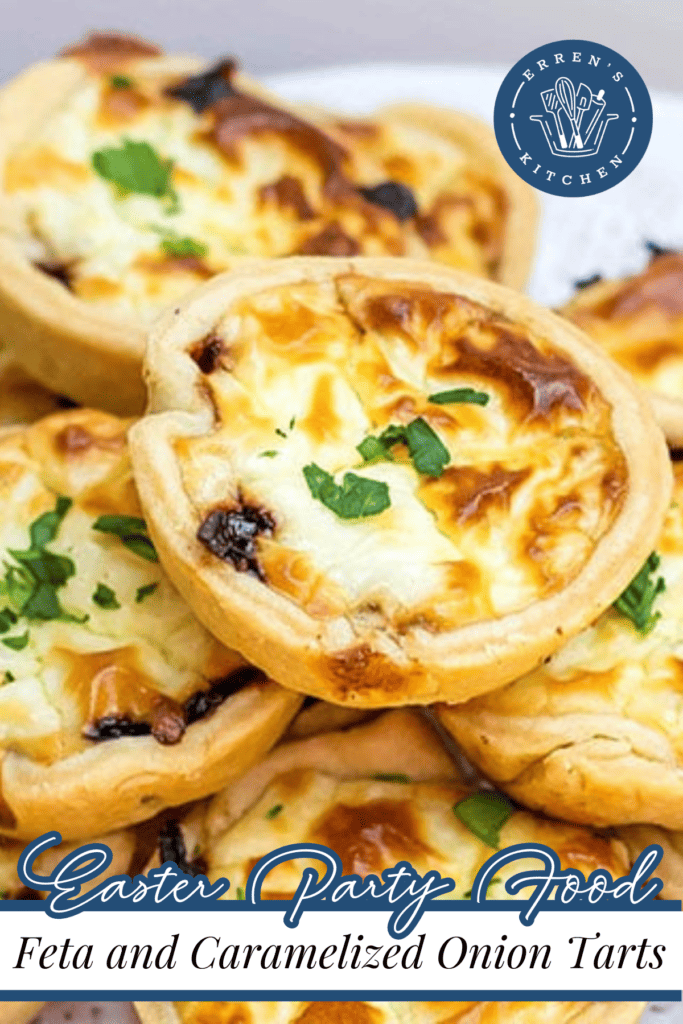 Golden baked tarts with feta and caramelized onions topped with chopped parsley.