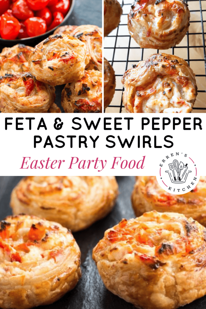 Golden pastry swirls with feta cheese and sweet peppers.