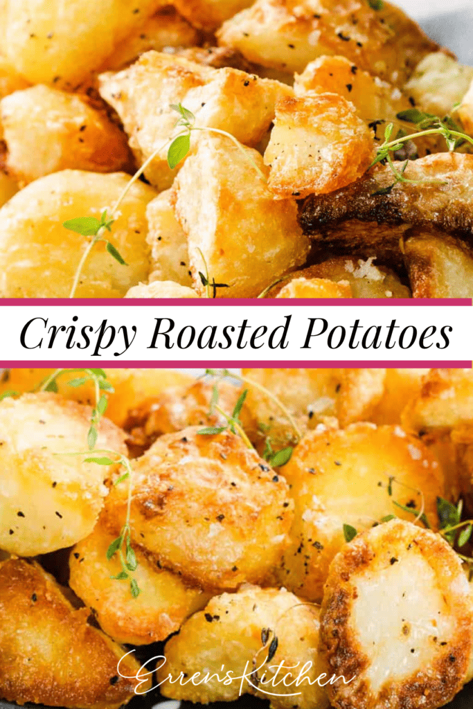 Crispy roasted potatoes plated and ready to be served.