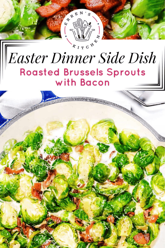 Brrussels sprouts being prepared and cooked with bacon, garlic, and a parmesan cream sauce.