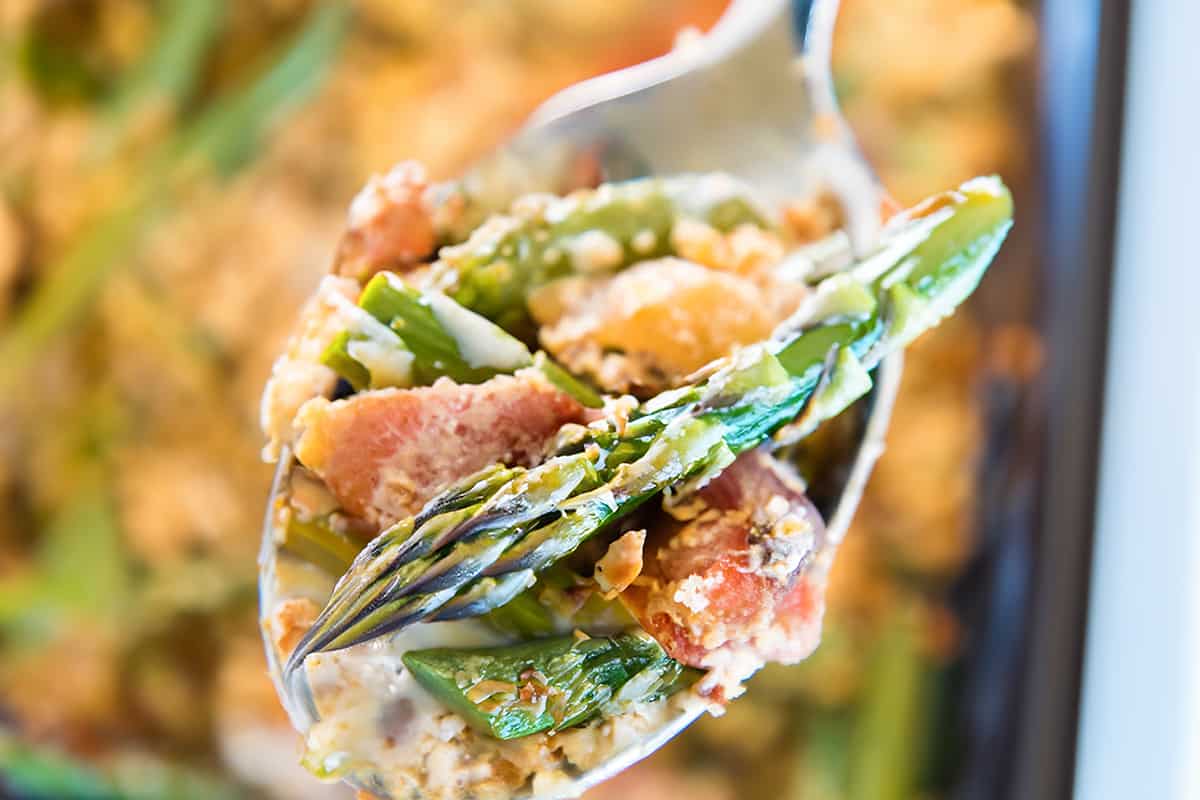 A spoonful of asparagus casserole held above a baking dish, with focus on the creamy mixture of chopped asparagus spears, bacon pieces, melted cheese, and golden breadcrumbs, all captured in sharp detail against a softly blurred background.