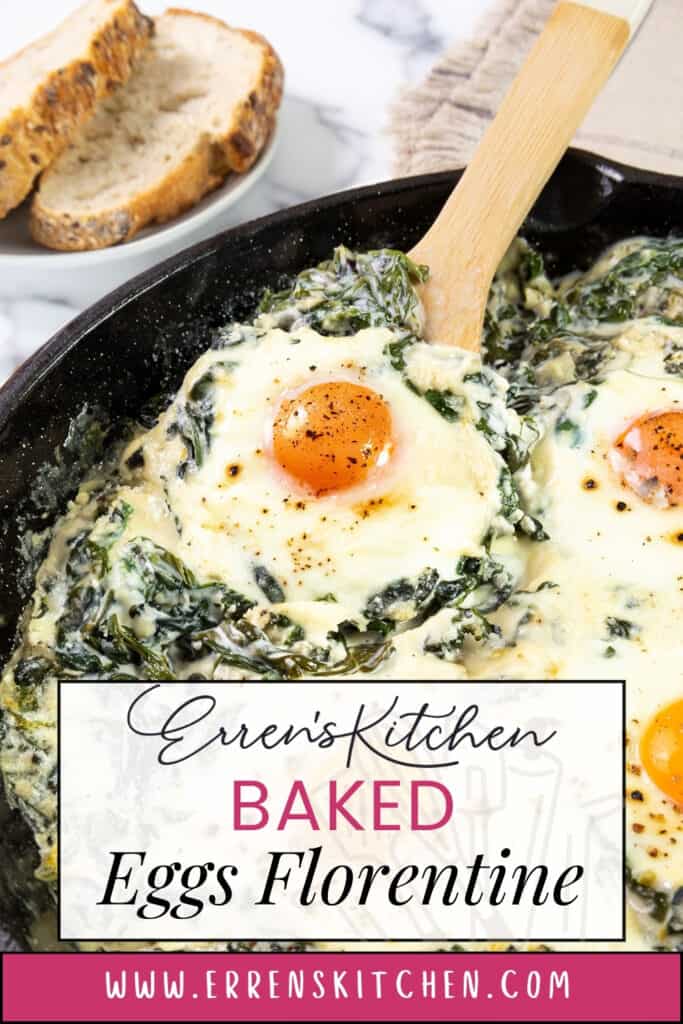 Close-up of Baked Eggs Florentine in a skillet from Erren's Kitchen, with creamy spinach and visible seasoning, and the website 'WWW.ERRENSKITCHEN.COM' written at the bottom.