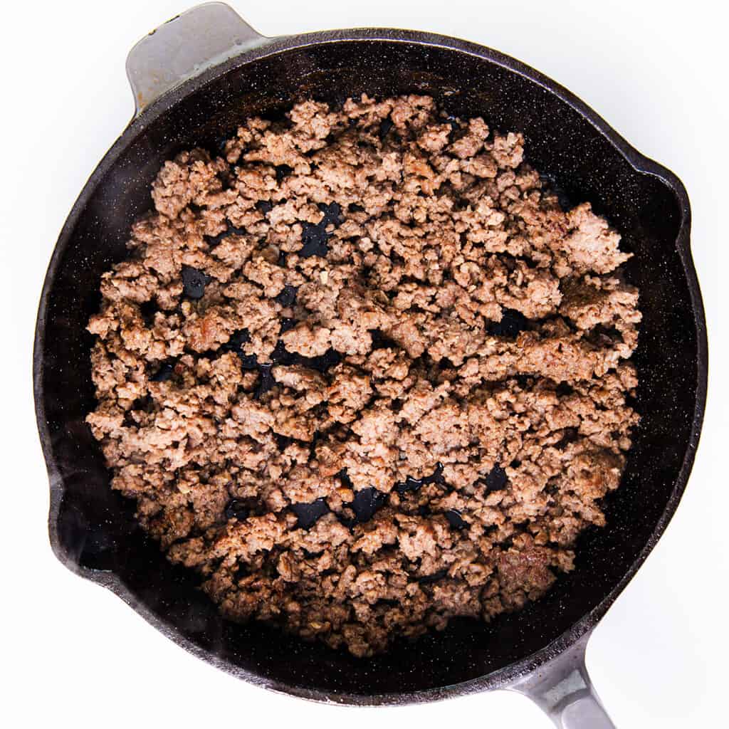 the browned ground beef in a skillet.