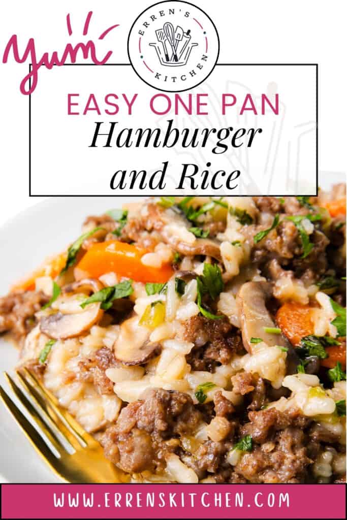 A promotional image for "Easy One Pan Hamburger and Rice" from Erren's Kitchen with a picture of the cooked meal and a gold fork on the side.