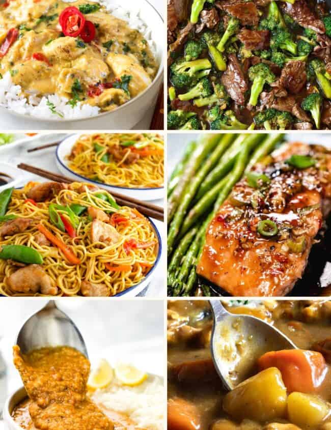 A close-up of several Asian dishes, including stir fries, curries, and noodles