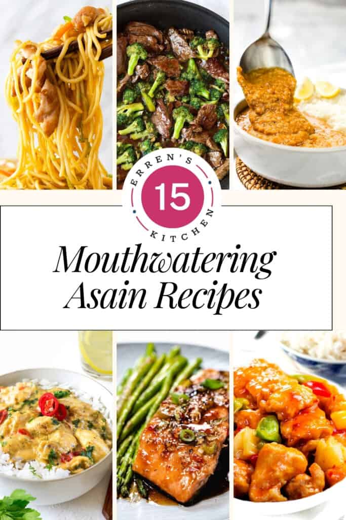 A collage of mouthwatering Asian recipes from Erren's Kitchen, including Noodles chicken, and salmon.