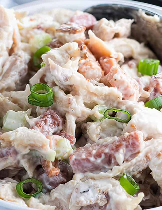 A bowl of chicken salad garnished with sliced green onions and sliced of bread next to it.