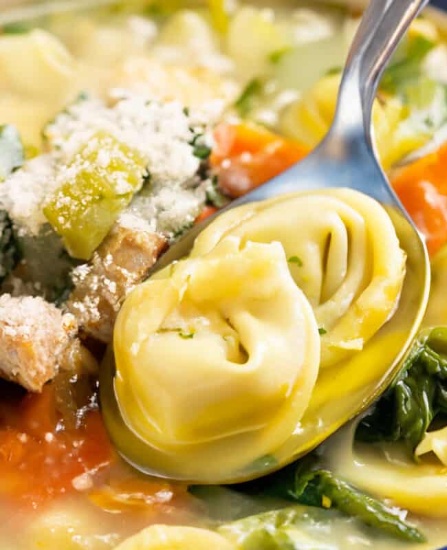 A bowl of comforting Chicken Tortellini Soup, with a spoon.