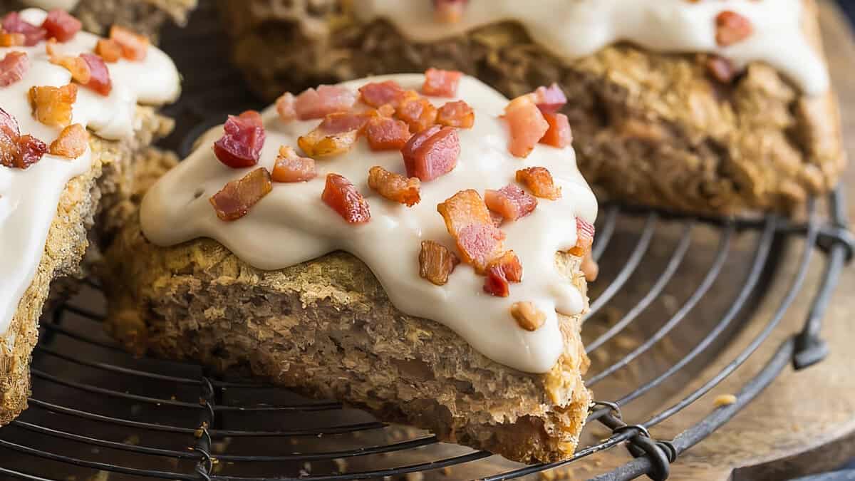 Cinnamon Peanut Butter Scones topped with a maple glaze and bacon.