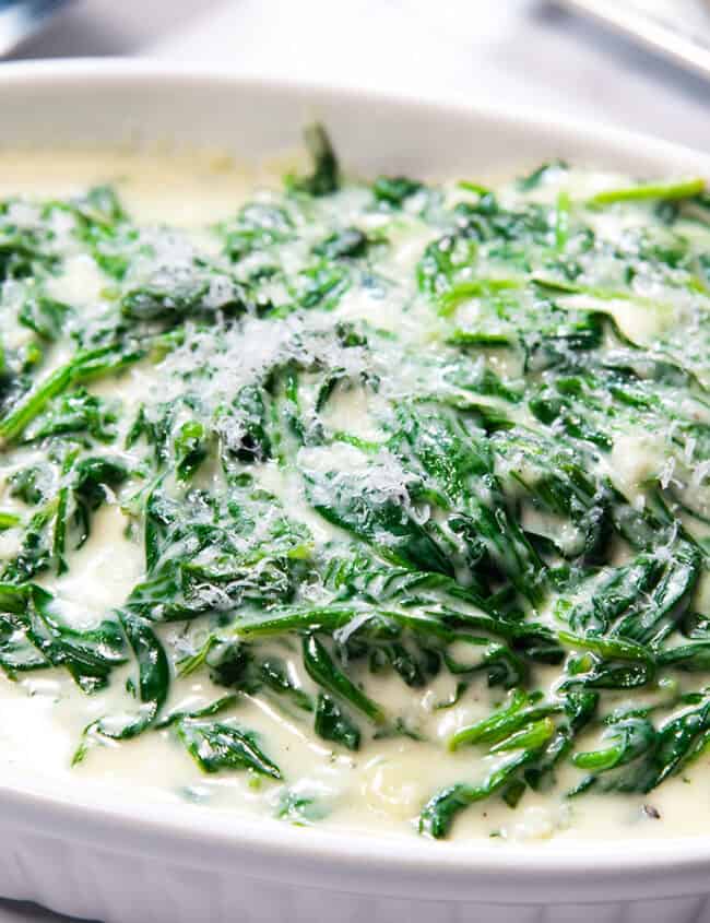 Creamed spinach in a bowl ready to serve.