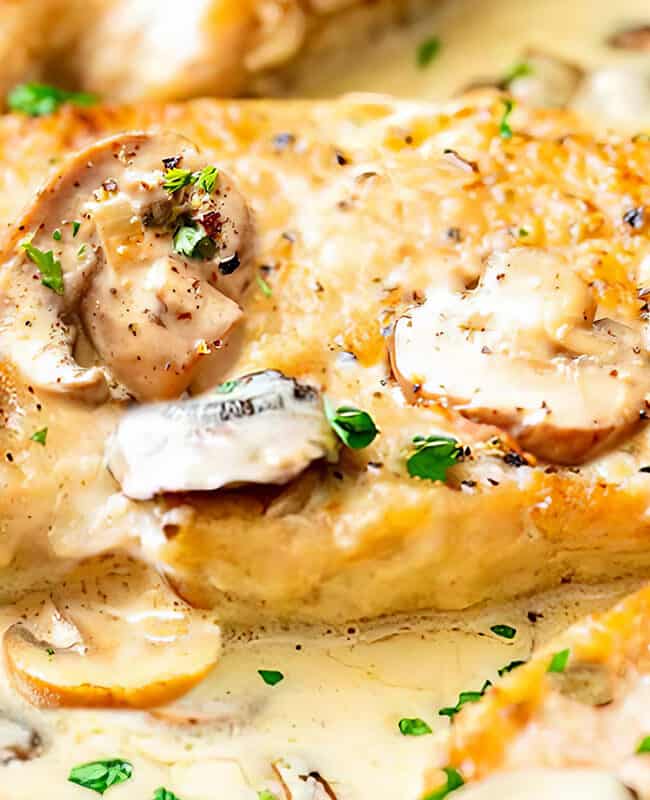 creamy mushroom chicken in a skillet ready to be served.