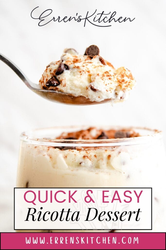 A spoonful of ricotta dessert sprinkled with cocoa and chocolate chips, with a glass of the dessert and the text "Erren's Kitchen: Quick & Easy Ricotta Dessert" below.