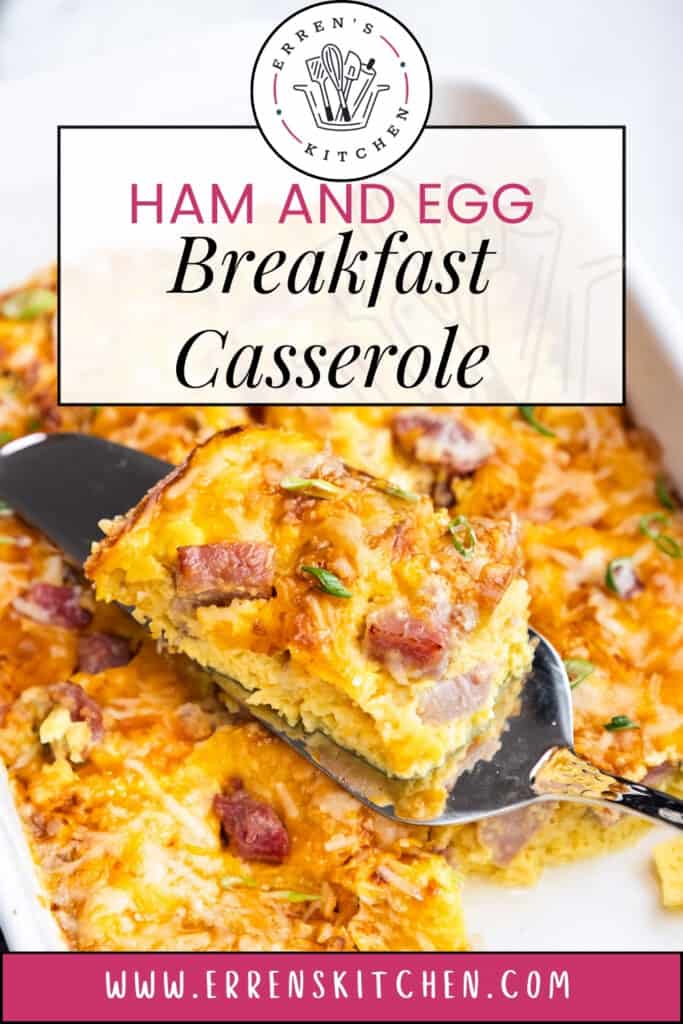 A promotional image for "Erren's Kitchen" showing a slice of ham and egg breakfast casserole being served, with the logo and title "HAM AND EGG Breakfast Casserole" and the website address "www.errenskitchen.com" displayed.