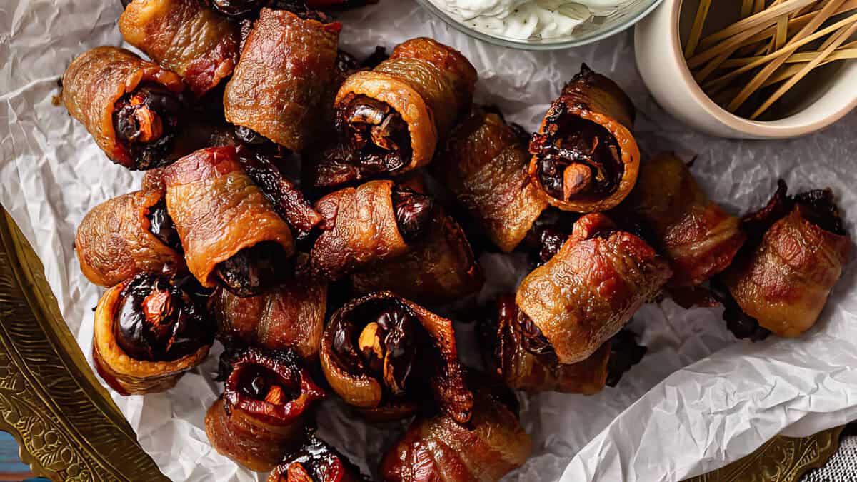 a platter of Bacon Wrapped Dates on baking paper with a creamy dip.