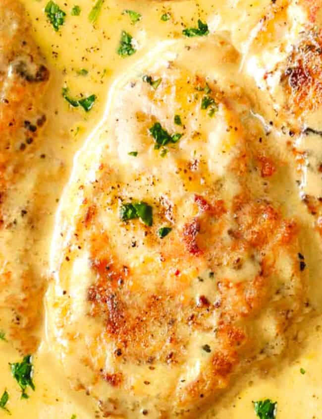 A close up of a pan of chicken in mustard sauce.