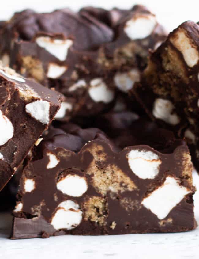 rocky road bars piled onto a dessert dish