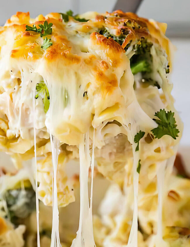 A close up image of a serving of Chicken Broccoli Alfredo Recipe being lifted from a dish,