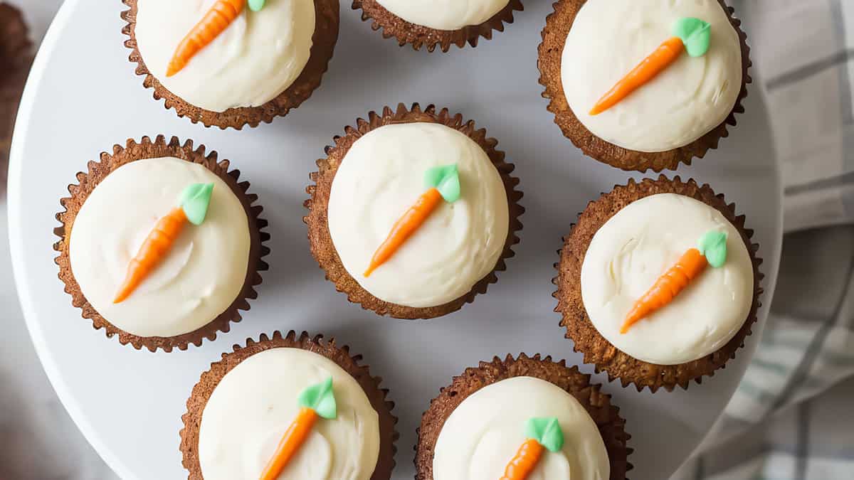 An overhead image of a batch of carrot cake cupcakes with cream cheese frosting and piped carrots as decoration.