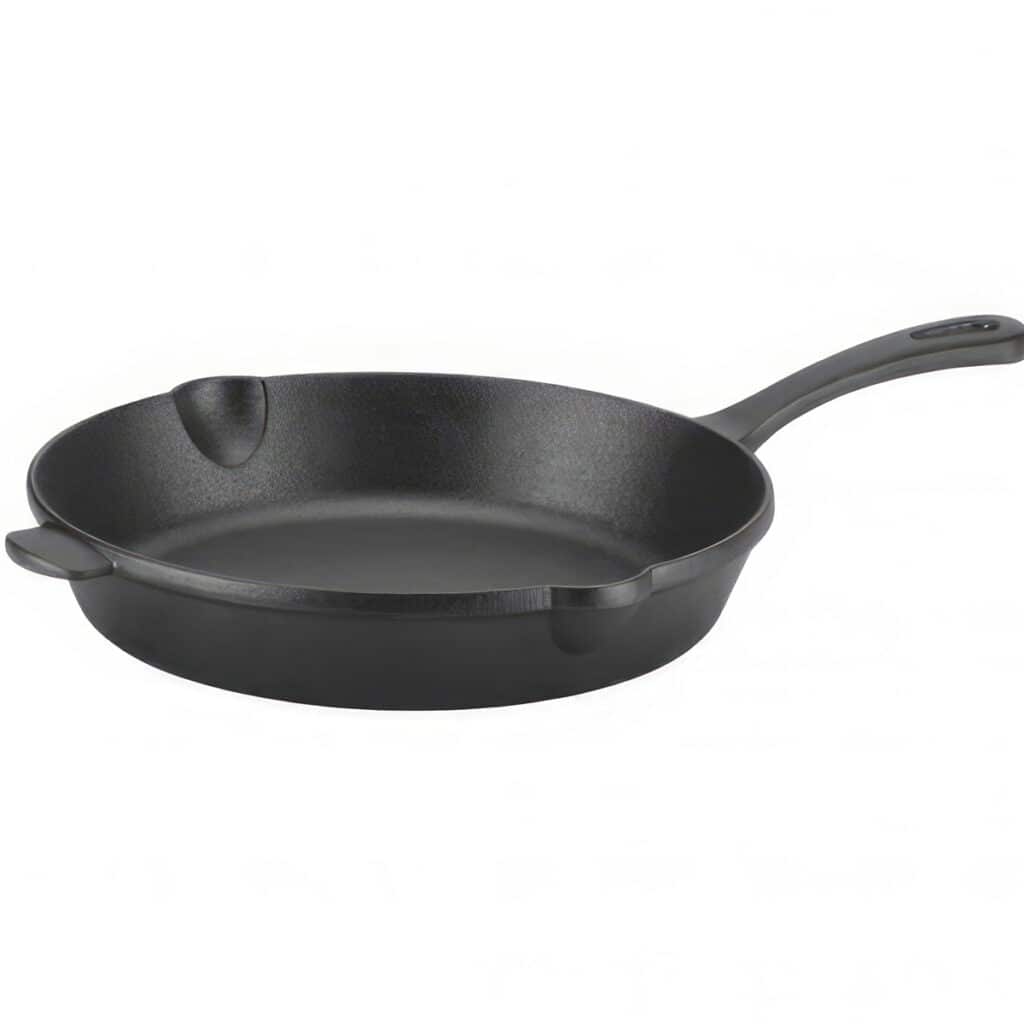 a black cast iron skillet with a white background