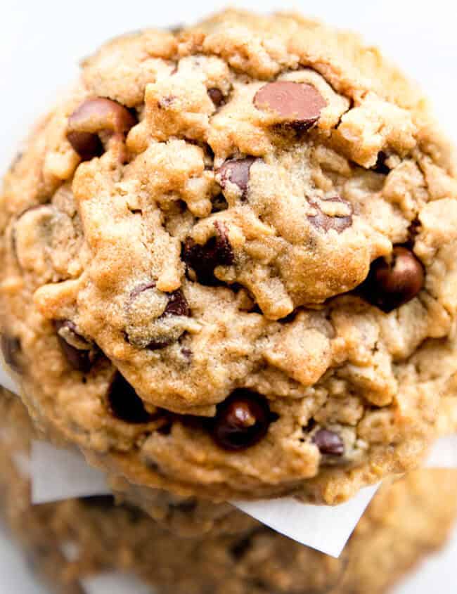 An overhead shot of chocolate chip oatmeal cookies.